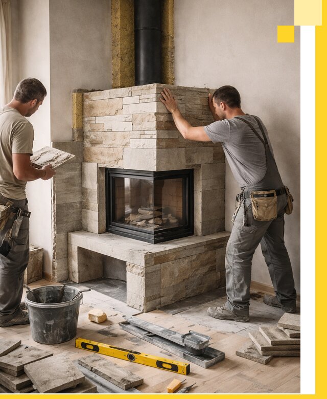 Угловые камины под ключ проект, монтаж и отделка в Мичуринске